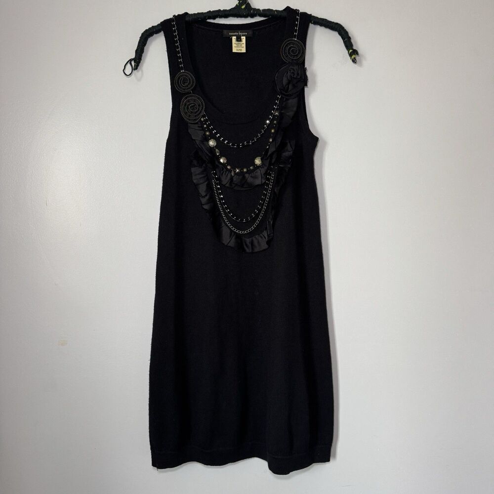 Stunning Vintage Nanette Lepore Wool Flower/Chain Embellished Black Dress SzXS